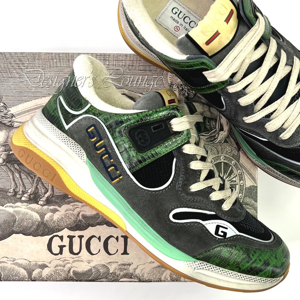 NEW GUCCI Men's ULTRAPACE Low Top Sneakers In Green Tejus Leather G 7.5 / US 8